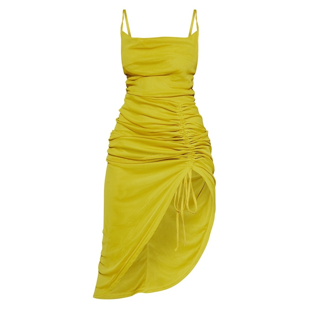 Chartreuse Mesh Strappy Cowl Neck Ruched Skirt Midi Dress